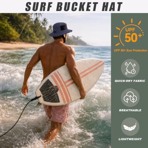 Surblue Surf Bucket Hat with Widened Chin Straps UPF 50+ Windproof Sun Hat Adjustable Packable Cap for Water Sports Surfing - color: Navy