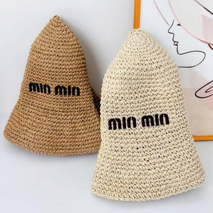 Women Straw Sun Hat Summer Beach Hats Foldable Floppy Cap Wide Brim Bucket Hat Solid Handmade Sun Protection Caps - color: Min-beige