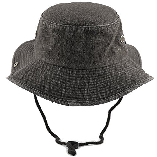 The Hat Depot Cotton Stone-Washed Safari Wide Brim Foldable Double-Sided Sun Boonie Bucket Hat - color: 4. Black Denim, size: Small-Medium