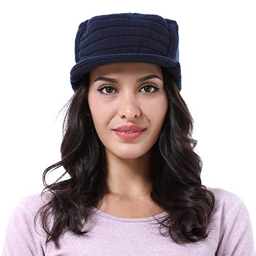 Solaris Army Style Flat Top Knit Cap Beanie WinterHat with Visor, for Women & Men - color: Navy