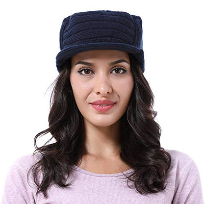 Solaris Army Style Flat Top Knit Cap Beanie WinterHat with Visor, for Women & Men - color: Navy