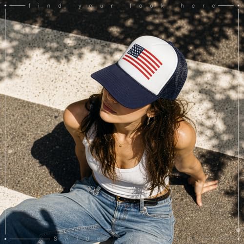 American Flag Patriotic USA Classic 5 Panel Mesh Snap Back Trucker Hat - color: Navy - Flag
