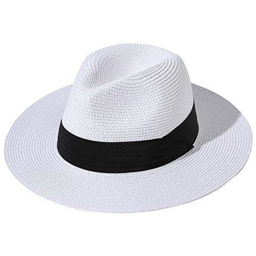 Lanzom Women Wide Brim Straw Panama Roll up Hat Fedora Beach Sun Hat UPF50+ - color: White, size: One Size-Small