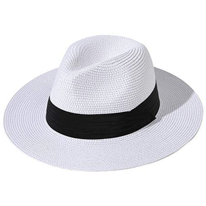 Lanzom Women Wide Brim Straw Panama Roll up Hat Fedora Beach Sun Hat UPF50+ - color: White, size: One Size-Small