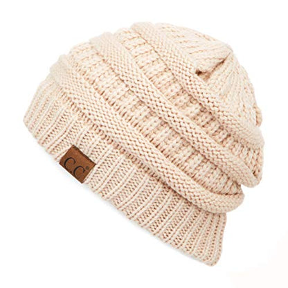 CC Classic Winter Fall Trendy Chunky Stretchy Cable Knit Beanie Hat - color: New Beige