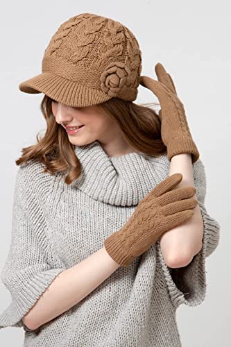 Womens Winter Elegant Cable Flower Knitted Newsboy Cabbie Cap Beret Beanie Hat with Visor, Warm Plush Fleece Lined - color: Camel Cable Flower-hat Gloves Set