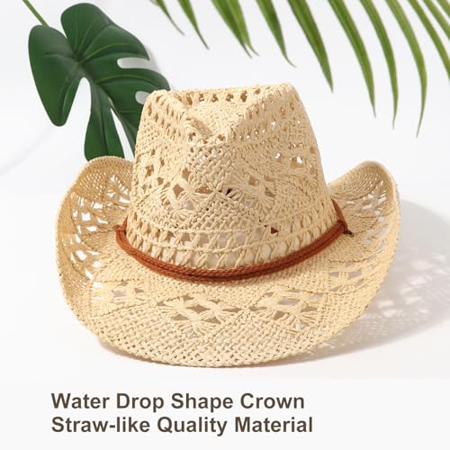 DRESHOW Straw Cowboy Cowgirl Hat for Women Men Western Coastal Cowboy Beach Hat with Shapeable Brim Unisex Rolled up Caps - color: 1 Pack Straw Woven Hollowed-out: Beige