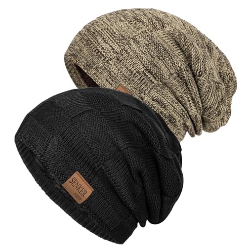 Senker Fashion 2 Pcs Winter Slouchy Beanie Hats for Men, Warm Mens Beanies - color: Black Brown