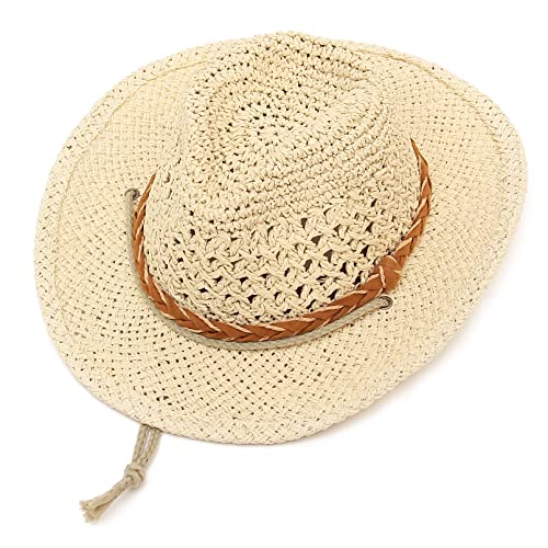 GEMVIE Baby Toddler Kids Sun Straw Western Cowboy Hat Wide Brim with Chin Strap - color: Beige