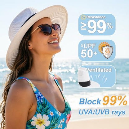 DRESHOW Women Straw Panama Hat Travel Fedora Beach Sun Hat Summer Wide Brim Straw Roll up Hat UPF 50+ - color: Z Panama Straw Hat: White With Black Band