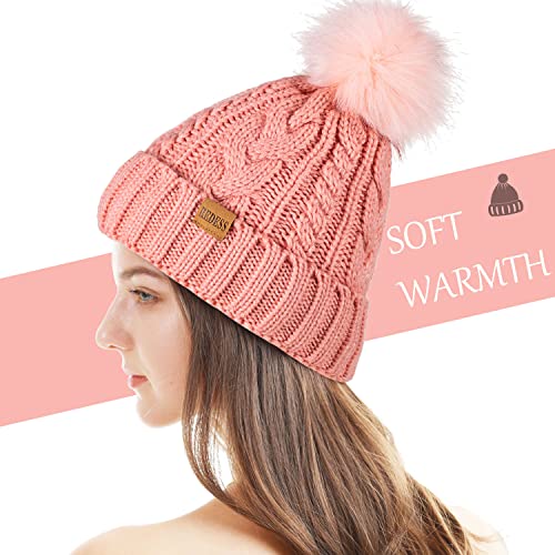 REDESS Women Winter Pompom Beanie Hat with Warm Fleece Lined Thick Slouchy Snow Knit Hat Skull Ski Cap - color: Pink