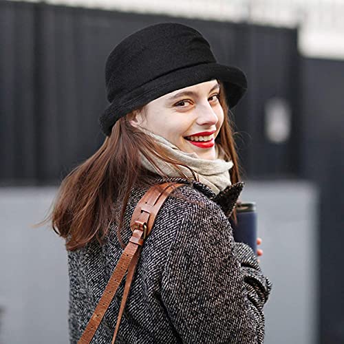 seven wolves Wool Felt Cloche Fedora Hat Winter Warm Bucket Hat Ladies Church Derby Party - color: 2-grey