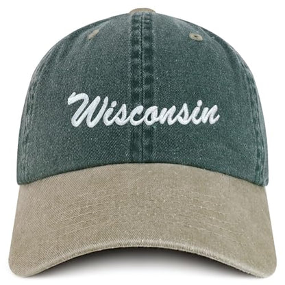 Trendy Apparel Shop Wisconsin State Embroidered Low Profile Adjustable Cotton Cap - color: Spruce Khaki