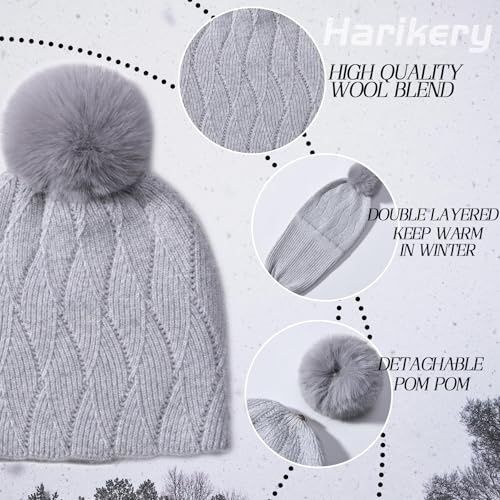 Knit Hat Scarf Set with Detachable Pom Pom, Wool Blend Winter Beanie & Long Scarf, Cold Weather Accessories for Women - color: Grey