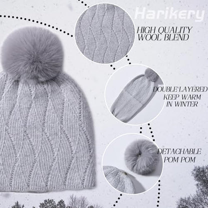Knit Hat Scarf Set with Detachable Pom Pom, Wool Blend Winter Beanie & Long Scarf, Cold Weather Accessories for Women - color: Grey