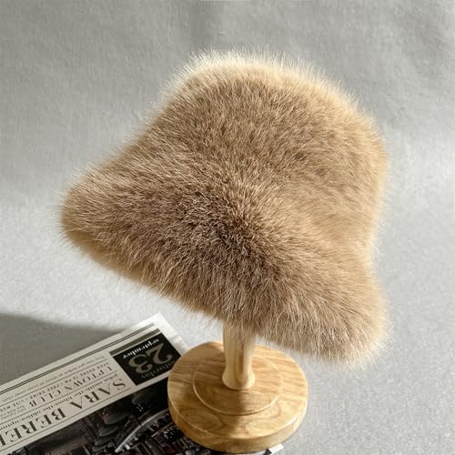 Women's Oversized Faux Fur Bucket Hat, Fluffy Plush Winter Hat, Solid Color - color: Light Khaki