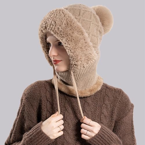 Women’s Knitted Beanie Hat with Face Cover - 3 in 1 Winter Balaclava with Mask Scarf Ear Muffs Pompom Fleece Lined Snow Caps - color: Brown-b