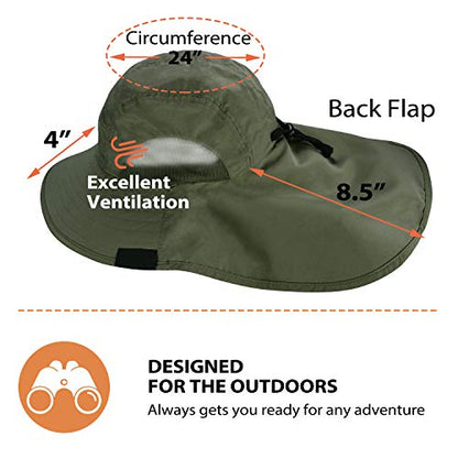 Tirrinia Wide Brim Sun Hat with Neck Flap for Men & Women - color: Forest Green