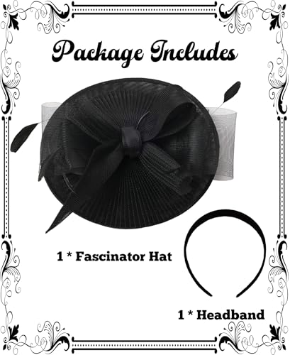 Kidukso Fascinators Hats for Women Derby Hats Tea Party Hat Mesh Headwear with Feather for Church Cocktail Wedding - color: Black