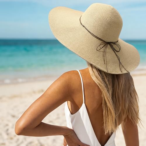 Women's Sun Straw Hat Wide Brim Floppy Foldable Hats Beach Travel Summer Vacation Hat UPF 50+ - color: Light Beige