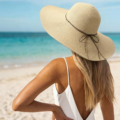 Women's Sun Straw Hat Wide Brim Floppy Foldable Hats Beach Travel Summer Vacation Hat UPF 50+ - color: Light Beige