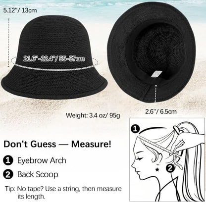 Babalet Summer Straw Beach Sun Hats for Women Packable Floppy Bucket Hat - color: Black