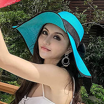 FSIGOM Women's Folable Floppy Hat,Wide Brim Sun Protection Straw Hat, Summer UV Protection Beach Cap - color: C1-e-blue, size: Large