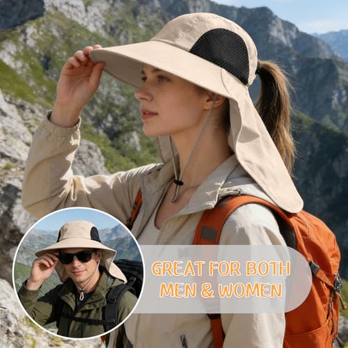 Sun Hat for Men Women with Neck Flap,UPF 50+ UV Protection Fishing Hat - color: 1pack-beige Sleeves