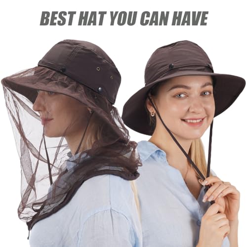 USHAKE Head Net Hat, Safari Hat Sun Hat Bucket Hat with Hidden Net Mesh - color: Dark Brown