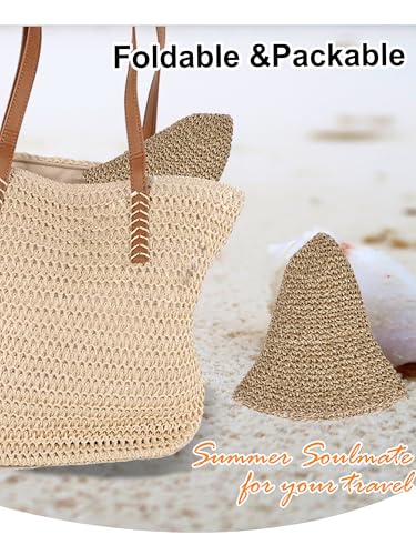 sy soul young Women's Straw Sunhat Wide Brim Hand Woven Beach Bucket Hat - color: Beige & Coffee