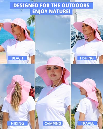 Womens Sun Hat Outdoor UV Protection Wide Brim Fishing Hat with Ponytail Hole Neck Flap for Beach Hiking Camping - color: Sun Hat-pink