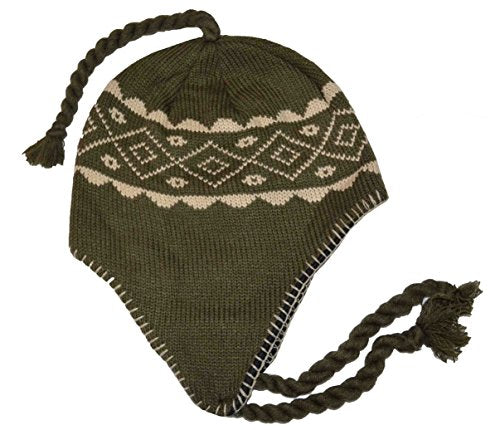 Nayt Men's Peruvian Helmet Style Earflap Strings Beanie Knit Hat - color: Olive Khaki