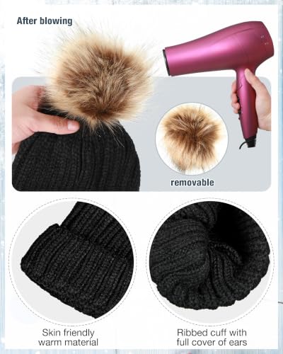 Haysandy 6 Pcs Winter Beanie Hat Gloves Set for Women Warm Knitted Hat Skull Cap with Pom Pom and Touchscreen Glove for Women - color: Black, White, Grey