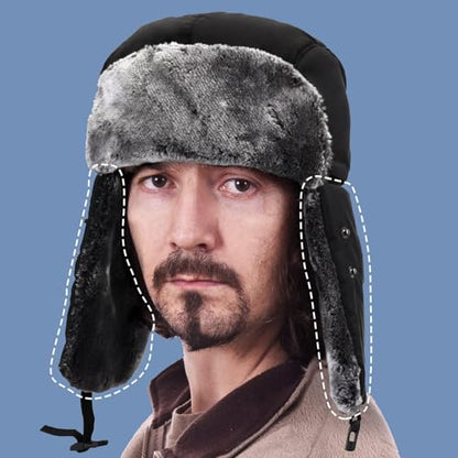 Unisex Winter Trooper Trapper Hat Warm Hats Hunting Hat with Ear Flaps - color: Black, Black Fur
