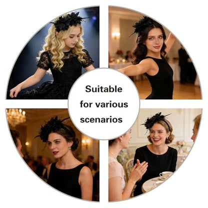 Fascinators for Women Ribbon Feather Tea Party Headwear - color: Black