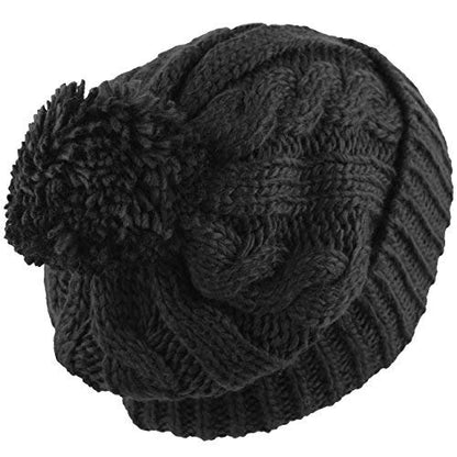 Women and Men Beanie Daily Winter Oversized Thick Stretchy Knitted Pom Pom Beanie Fleece Lined Beanie Hat - color: 1. Curly Black