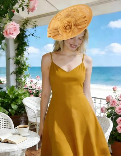 Unpifolov Fascinators Hats Elegant Women Flower Mesh Feathers Wedding Cocktail Bride Headband for Derby Hat Tea Party - color: Ginger