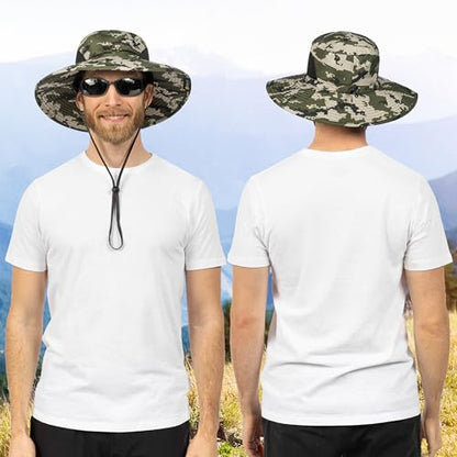 SUN CUBE Wide Brim Sun Hat for Men & Women, UPF 50+ UV Protection, Mesh Boonie Hat with Chin Strap, Fishing Hiking Hat - color: Camo Green