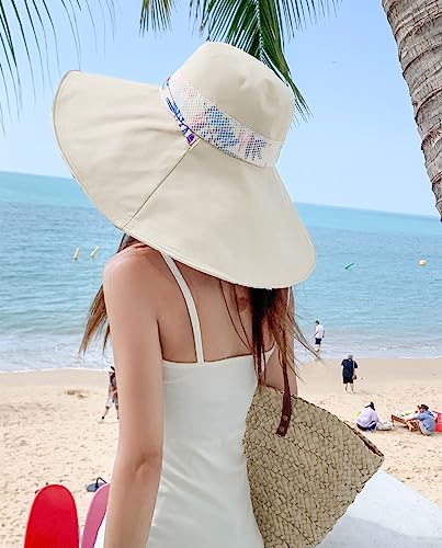 HUAMULAN Wide Brim Women Summer Sun Floppy Hat Reversible Beach Bucket Hat - color: M2446-beige