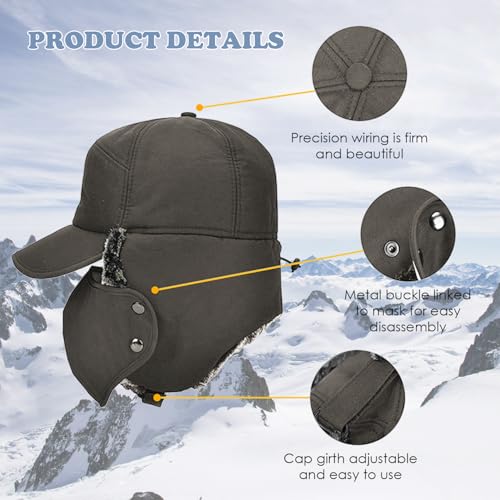 Russian Ushanka Trapper Hat, Elmer Fudd Hat with Ear Flap & Removable Mask for Men and Women, Thick Winter Warm Hat - color: Grey