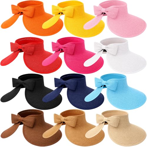 12 Pcs Colorful Sun Visors Straw Hats for Women Wide Brim Beach Hat Foldable Multicolor Ponytail Summer Floppy Vacation Cap UPF Protection Top Visors for Outdoor Activities