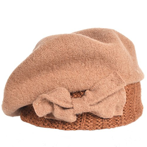 VECRY Lady French Beret 100% Wool Beret Floral Dress Beanie Winter Hat - color: Bow-camel