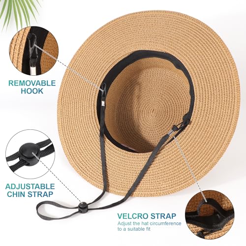 DRESHOW Women Straw Panama Hat Travel Fedora Beach Sun Hat Summer Wide Brim Straw Roll up Hats UPF 50+ - color: 1 Pack Boater Hat: Khaki With Beige Band