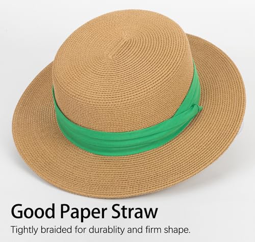 Straw Boater Summer Sun Hat - Wide Brim Fedora Panama Beach Hat for Women - color: Green Band