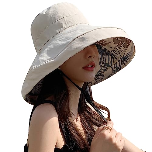 HUAMULAN Women Summer Vacation Wide Brim Sun Hat Reversible Fishing Hats - color: Beige
