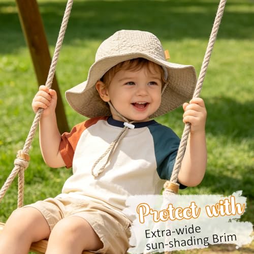 Baby Sun Hat Toddler Boy Girl Adjustable Outdoor Beach Hat Kids Wide Brim - color: Khaki & Navy -2pcs, size: 6-24 Months