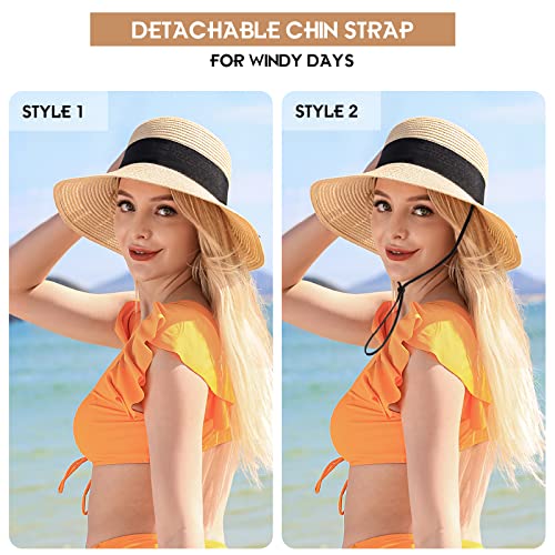 Beach Sun Straw Hats for Women, UPF 50+ UV Sun Protection Summer Straw Hat - color: A-beige