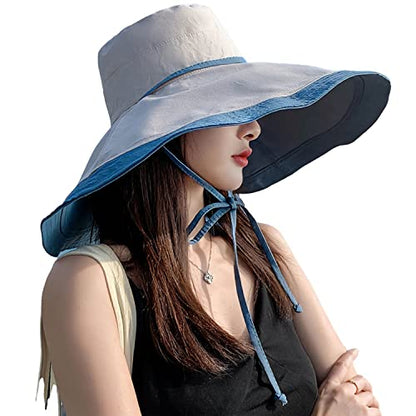 HUAMULAN Women Summer Vacation Wide Brim Sun Hat Reversible Fishing Hats - color: Bluebeige