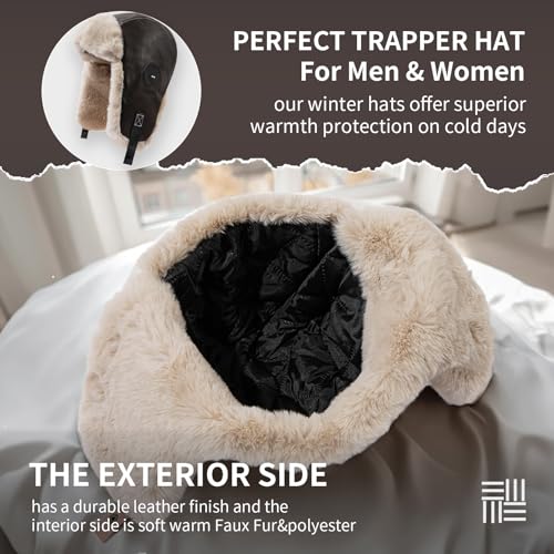 Leather Trapper Hat Winter Trooper Hats for Men Faux Fur Hat Aviator Russian Ushanka Hats with Earflaps Skiing Hat - color: Mg-lfmyypyb30-coffee