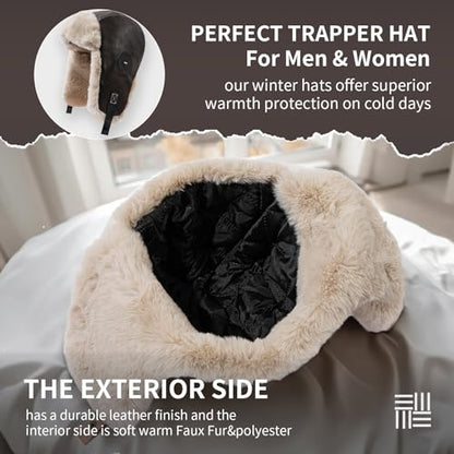 Leather Trapper Hat Winter Trooper Hats for Men Faux Fur Hat Aviator Russian Ushanka Hats with Earflaps Skiing Hat - color: Mg-lfmyypyb30-coffee